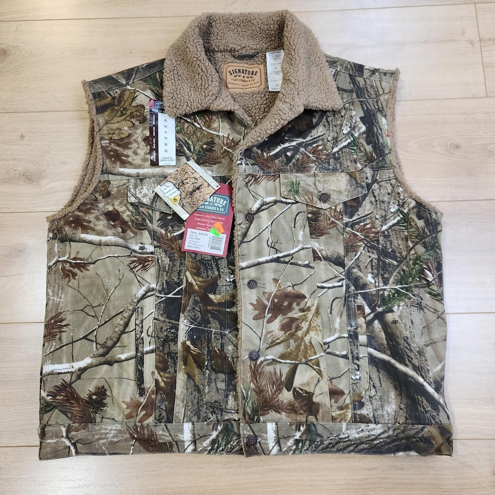 Signature By Levi Strauss‎ & Co Vest Mens XL Brown Camo Canvas Sherpa Lined